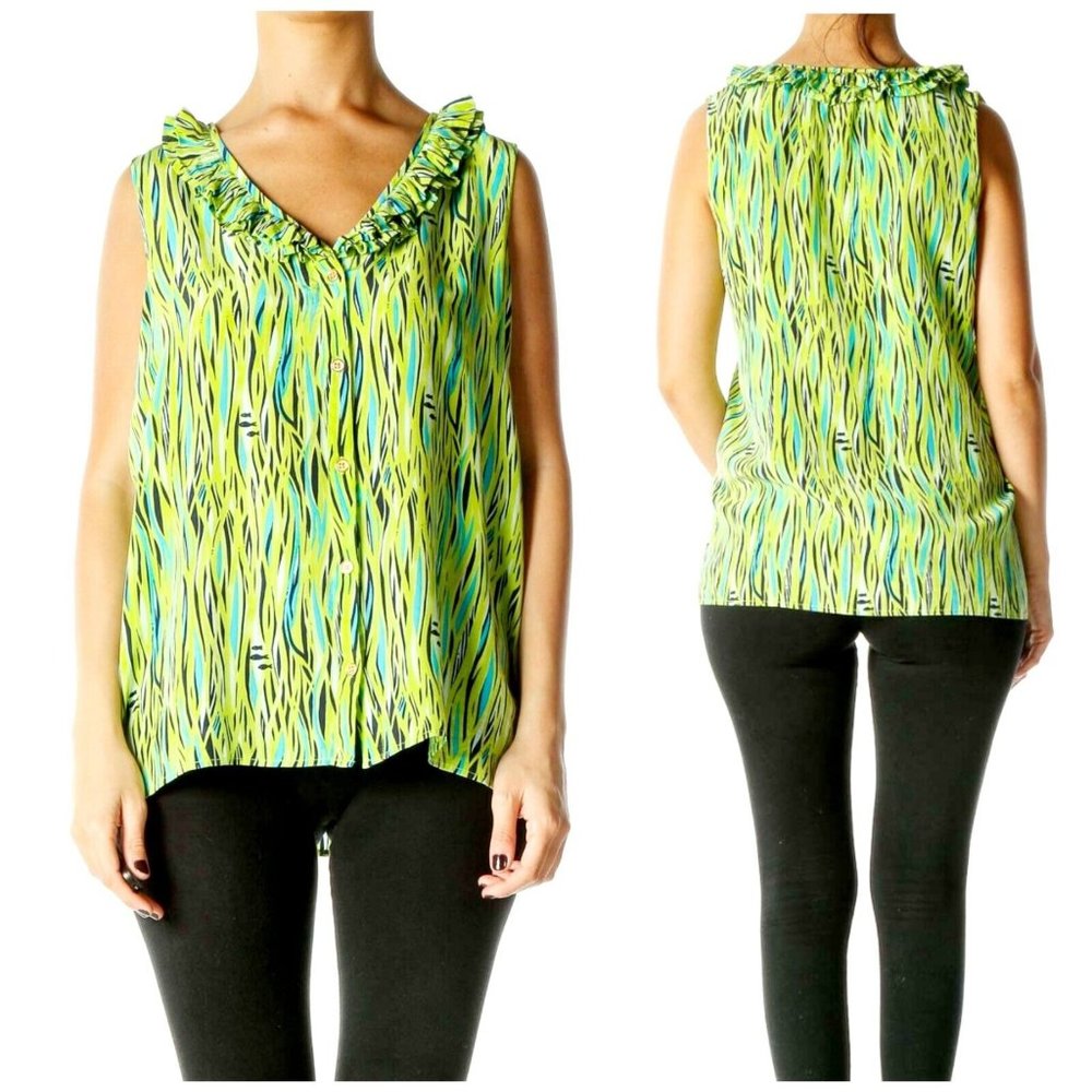 LILLY PULITZER Size 6 Multicolor Graphic Print Sleeveless Silk Ruffle V-Neck Top